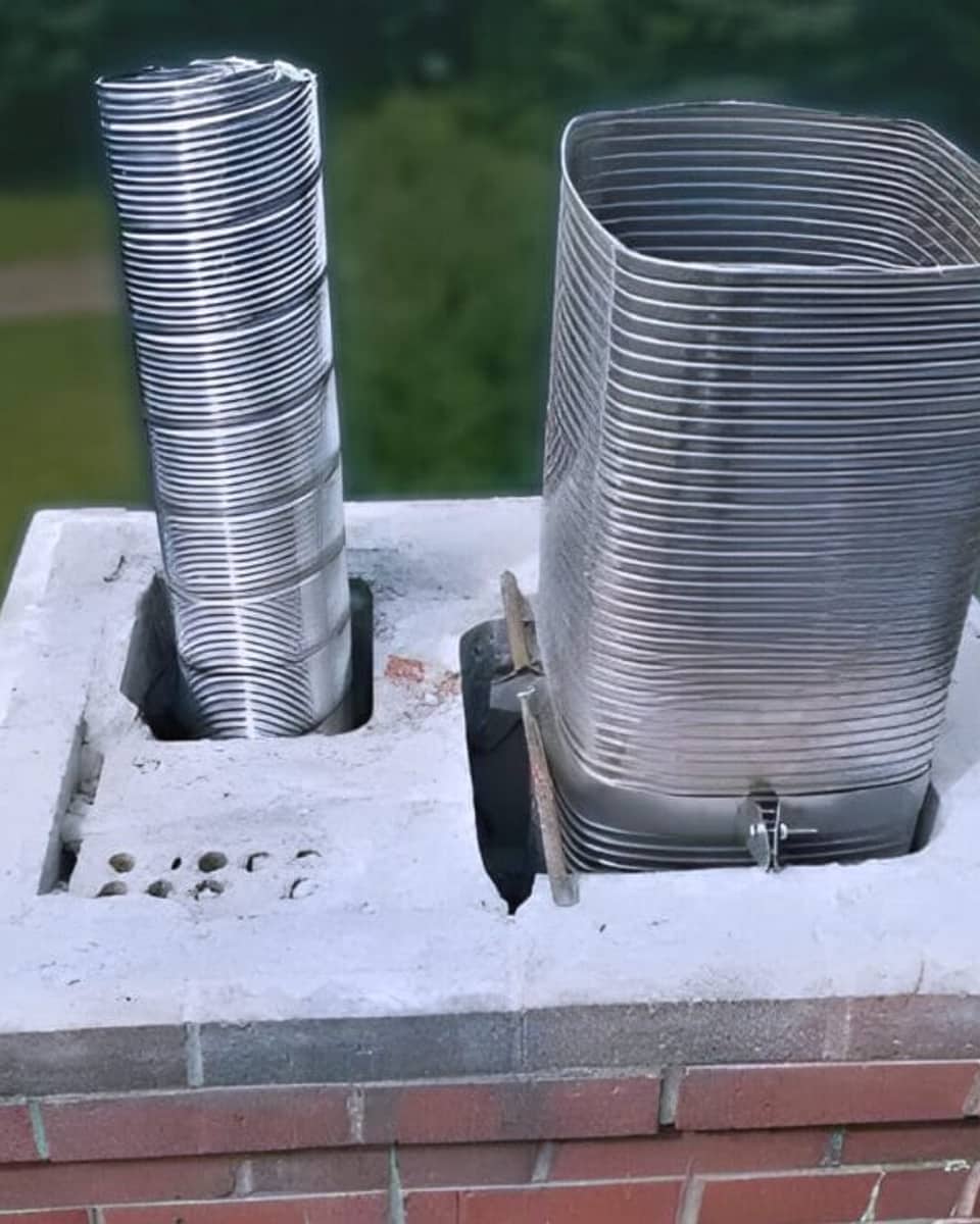 Two stainless steel chimney liners set into the crown on a chimney in Woodbridge, NJ