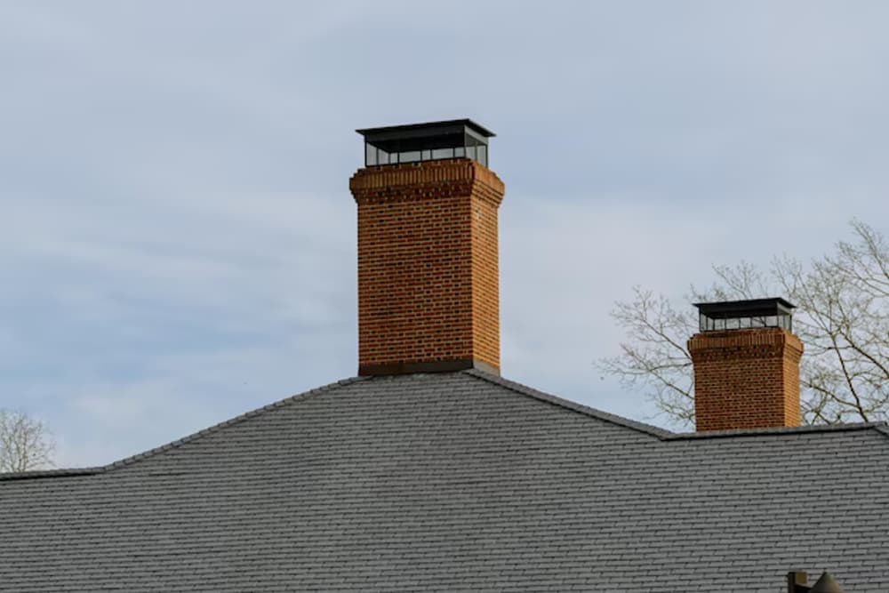 Brick chimney above the roofline on a home in Iselin, NJ
